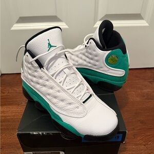 Lucky Green Jordan 13s-White and Green sneakers
